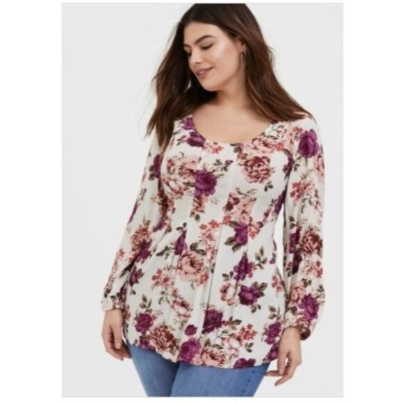 Torrid Floral Crinkle Gauzy Shirt with Pleating Details - Picture 1 of 6